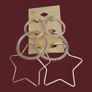 Vtg AJ COLLECTION Silvertone Large Star Festival Concert Hoop Earrings
